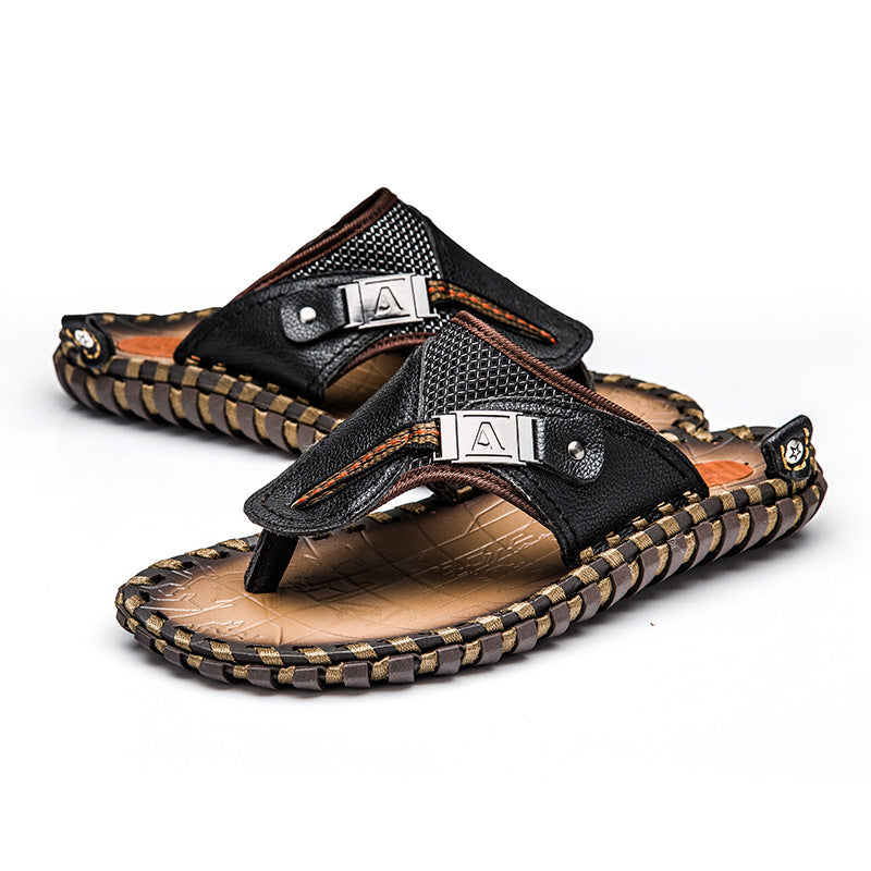 Handmade Cow Leather Men's Massage Beach Flip-Flops