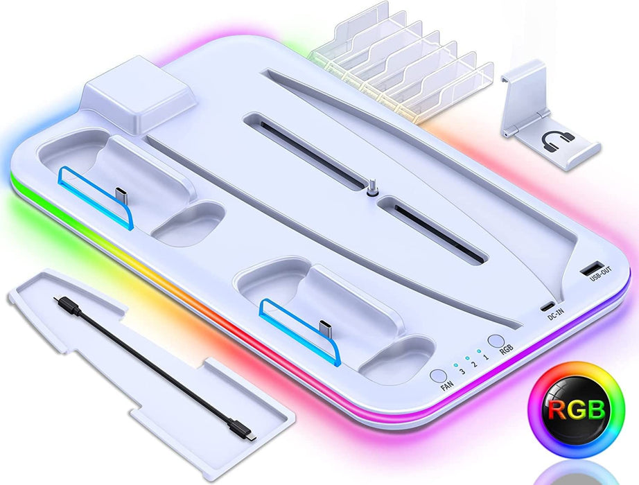 Una base di ricarica per PS5, dotata di illuminazione RGB, progettata per controller e cuffie.