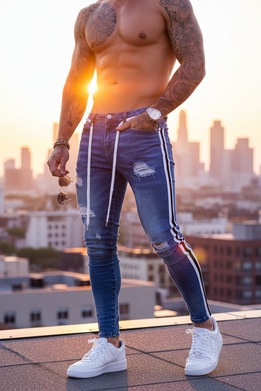 Men's Ripped Denim Trousers - Slim Fit Casual Pants