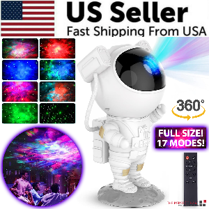 Astronaut night light with colorful LED lights and remote control, displayed with promotional text.