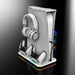 Gaming headset and controllers on a stand with a dark gradient background