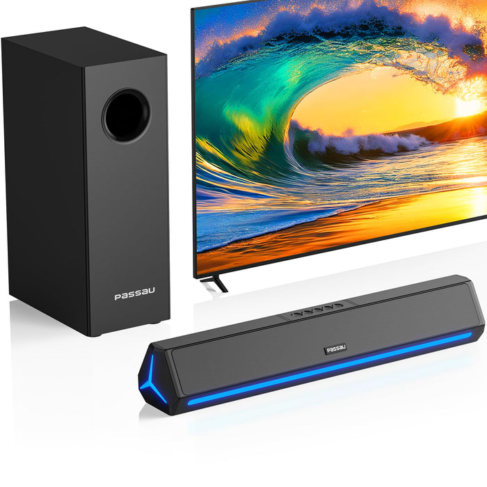 Passau Soundbar per Smart TV con Subwoofer 2.1 canali, Altoparlanti TV, Soundbar Piccola, Bassi Profondi, Soundbar per Monitor Gaming PC, Connessione Bluetooth/AUX/HDMI(ARC) - 16 pollici.