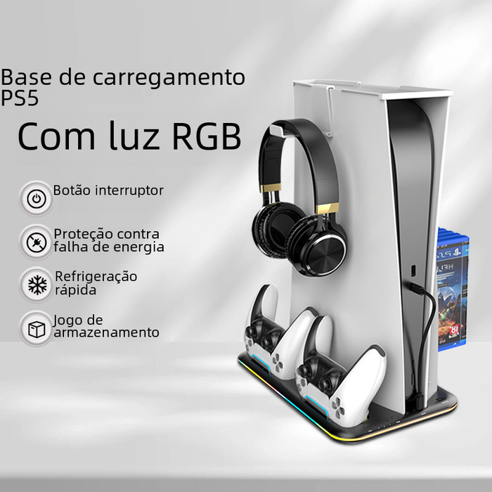 Una base di ricarica per PS5, dotata di illuminazione RGB, progettata per controller e cuffie.
