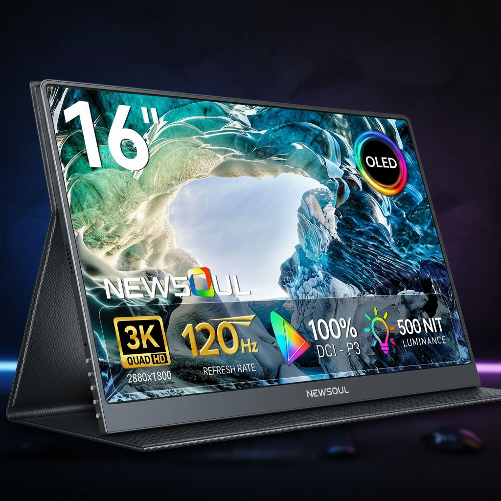Monitor Portatile OLED Newsoul 16" 3K 2880x1800 | 120Hz | Monitor Gaming Portatile 1ms 500 Nits | Contrasto 100000:1 | DCI-P3 100% | 8-Bit+FRC| Design Ultra-Sottile per Laptop Mini PC Telefono Console di Gioco