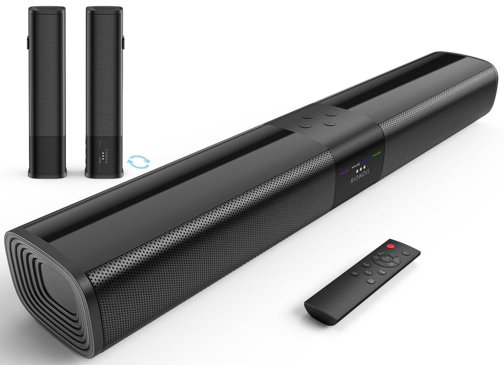RIOWOIS Sound Bar for Smart TV, 2-in-1 Detachable Home Audio Soundbar Speaker, 20" Sound Bar for TV with Optical/AUX/HDMI-ARC/Bluetooth Connection for PC/Gaming/Projectors, Wall Mountable.