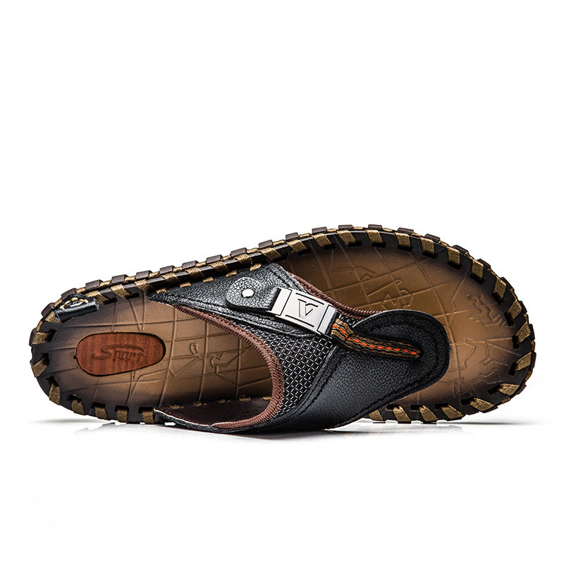 Handmade Cow Leather Men's Massage Beach Flip-Flops