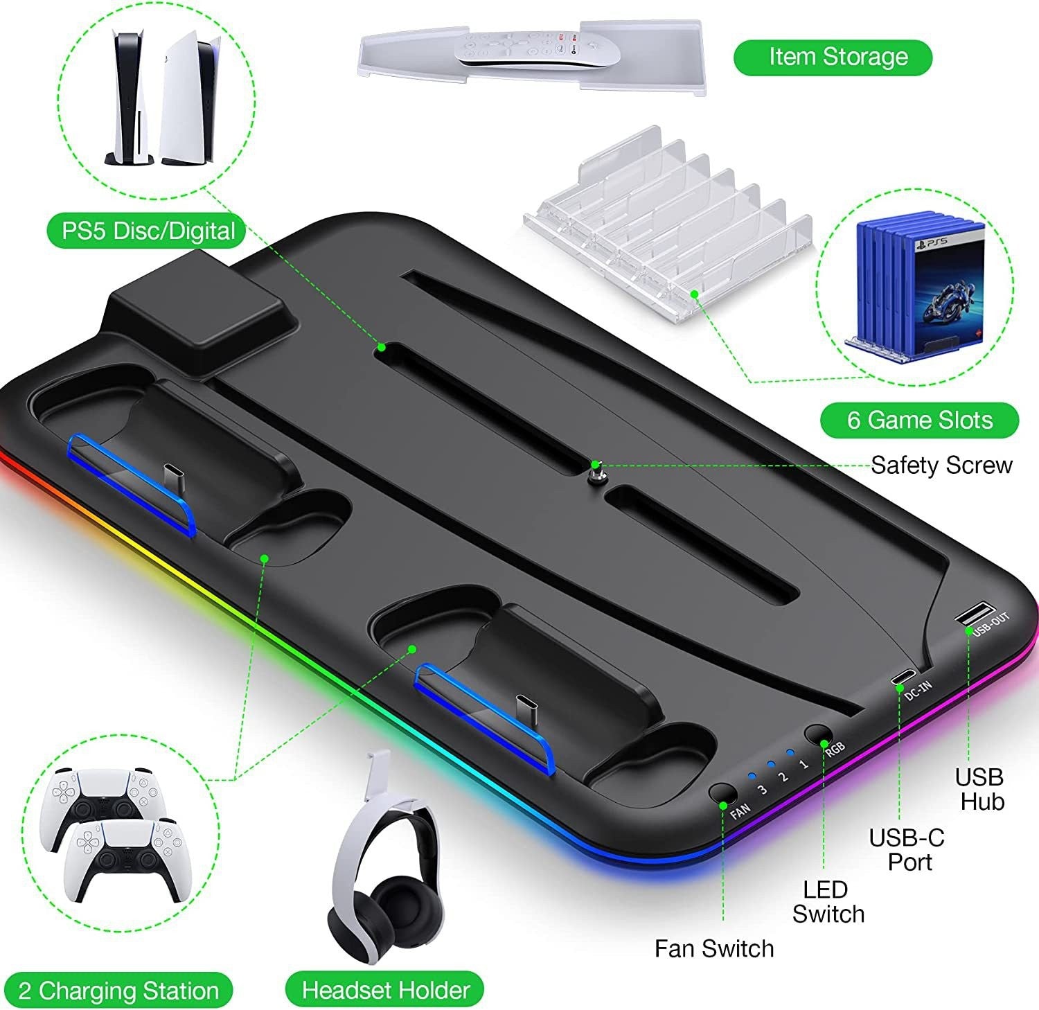 Una base di ricarica per PS5, dotata di illuminazione RGB, progettata per controller e cuffie.