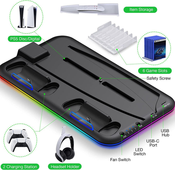 Una base di ricarica per PS5, dotata di illuminazione RGB, progettata per controller e cuffie.