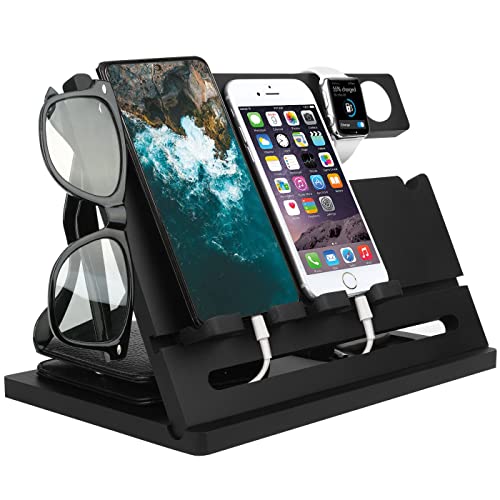 Stazione di ricarica doppia in bambù per telefono, porta chiavi in frassino, porta portafoglio, organizer per orologi, regalo di compleanno per uomo, donna, papà, comodino, gadget per padre, compatibile con iPhone iWatch-Nero