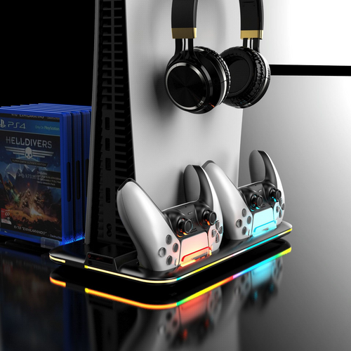 Una base di ricarica per PS5, dotata di illuminazione RGB, progettata per controller e cuffie.