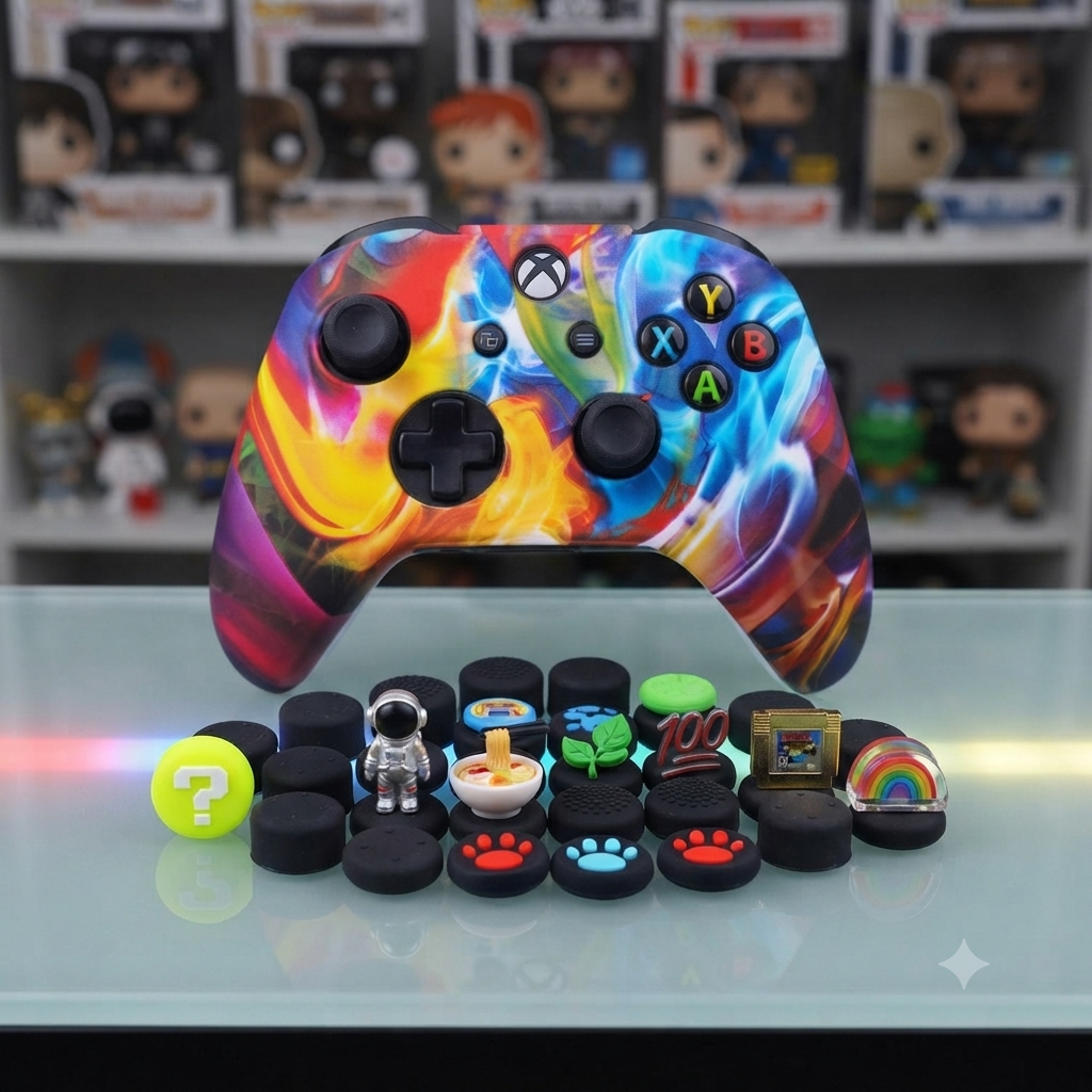 YoRHa Printing Rubber Silicone Cover Skin Case for Xbox One S/X Controller x 1(Colourful Stream) with Thumb Grips x 10